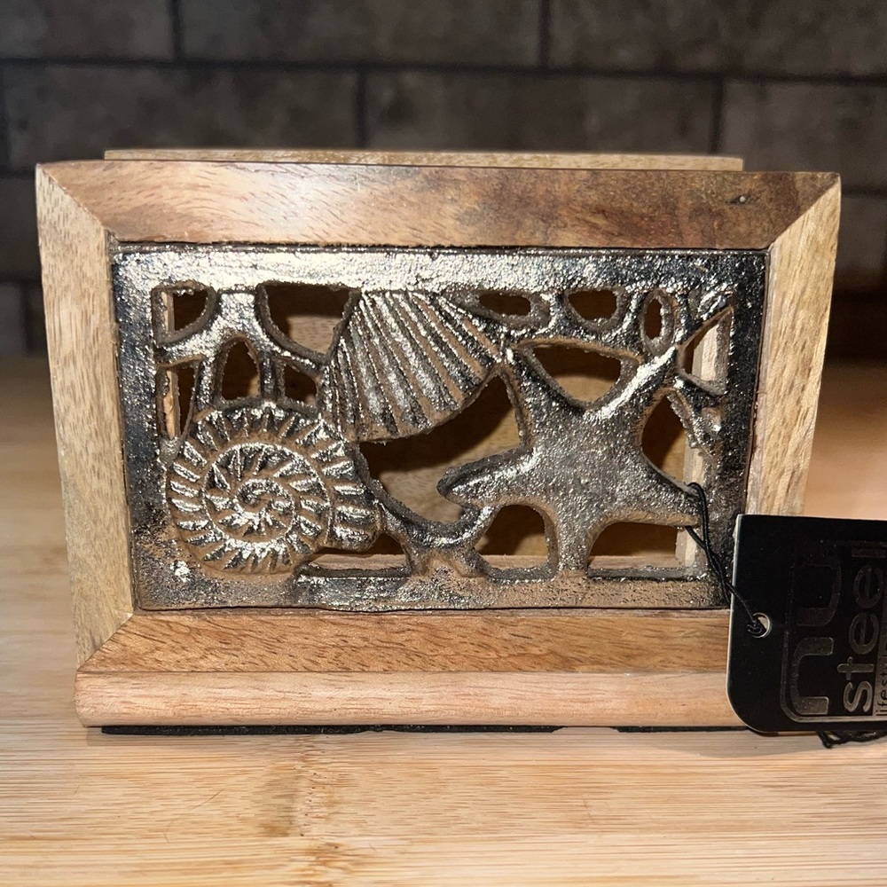 Seashell themed Wood and Stainless Steel Napkin Holder Brand-Nu Steel India